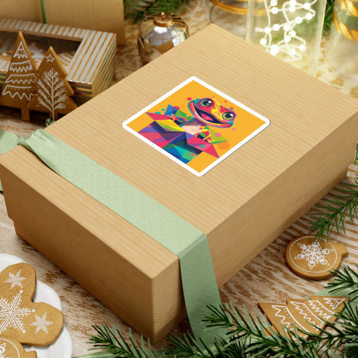 Colorful Boxlizard Sticker — Cute Pop Art Lizard in Gift Box Kiss-Cut Sticker