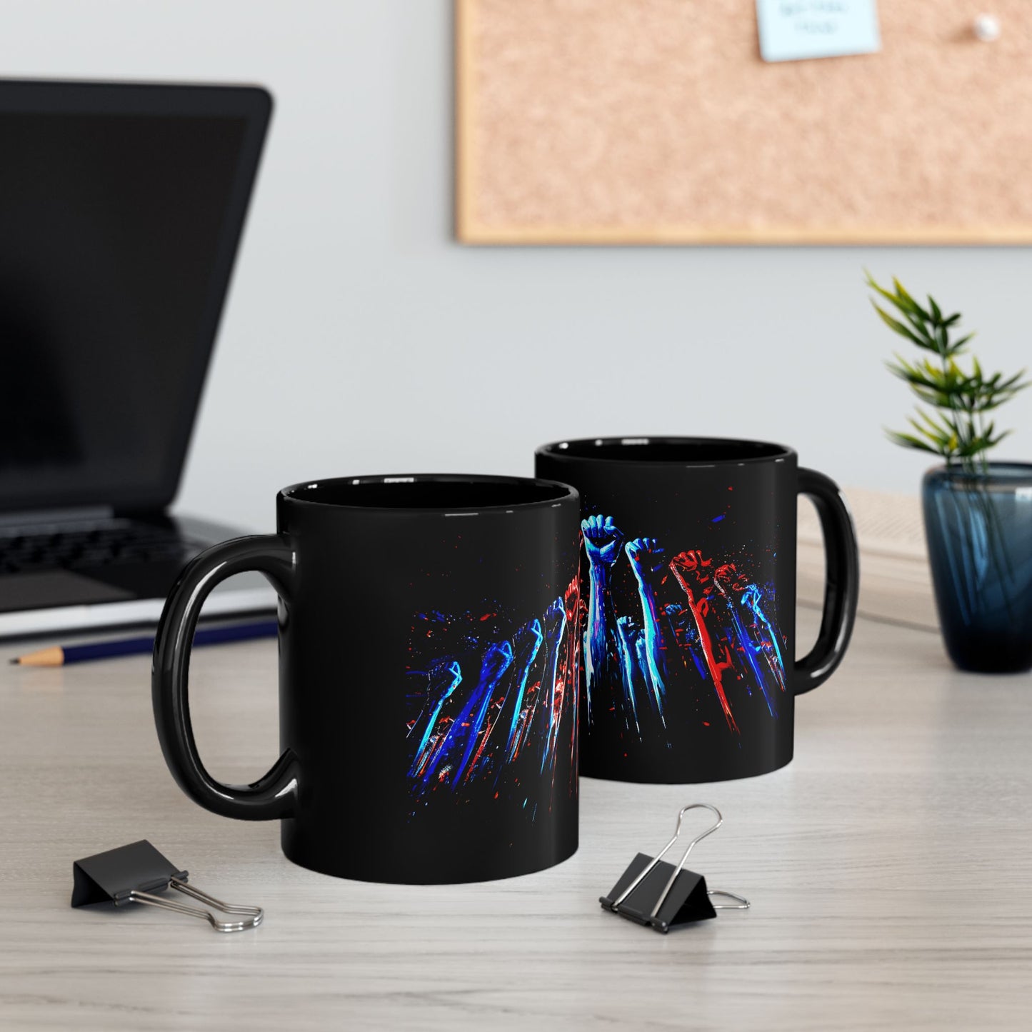 Mountain of Raised Fists Black Mug - 11oz Coffee Cup with Colorful Fists Design