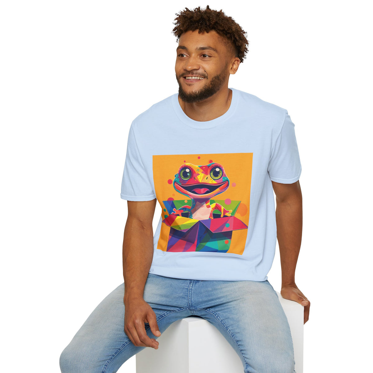 Colorful Surprise Boxlizard T-Shirt — Vibrant Pop Art Lizard in Gift Box Graphic Tee
