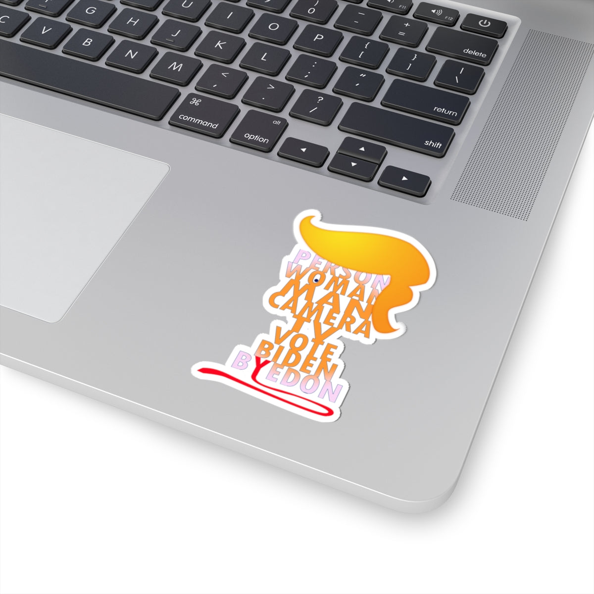 Political Silhouette Kiss-Cut Sticker — Layered Text 'Person Woman Man Camera TV Vote'