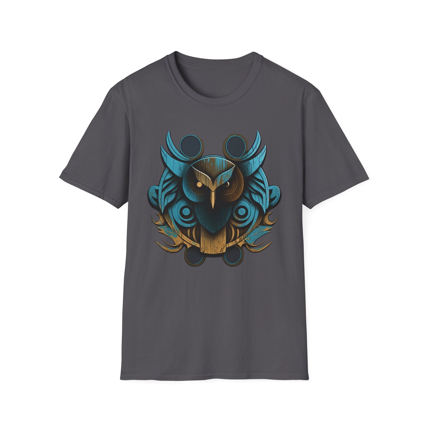 Stylized Blue and Gold Owl Design T-Shirt