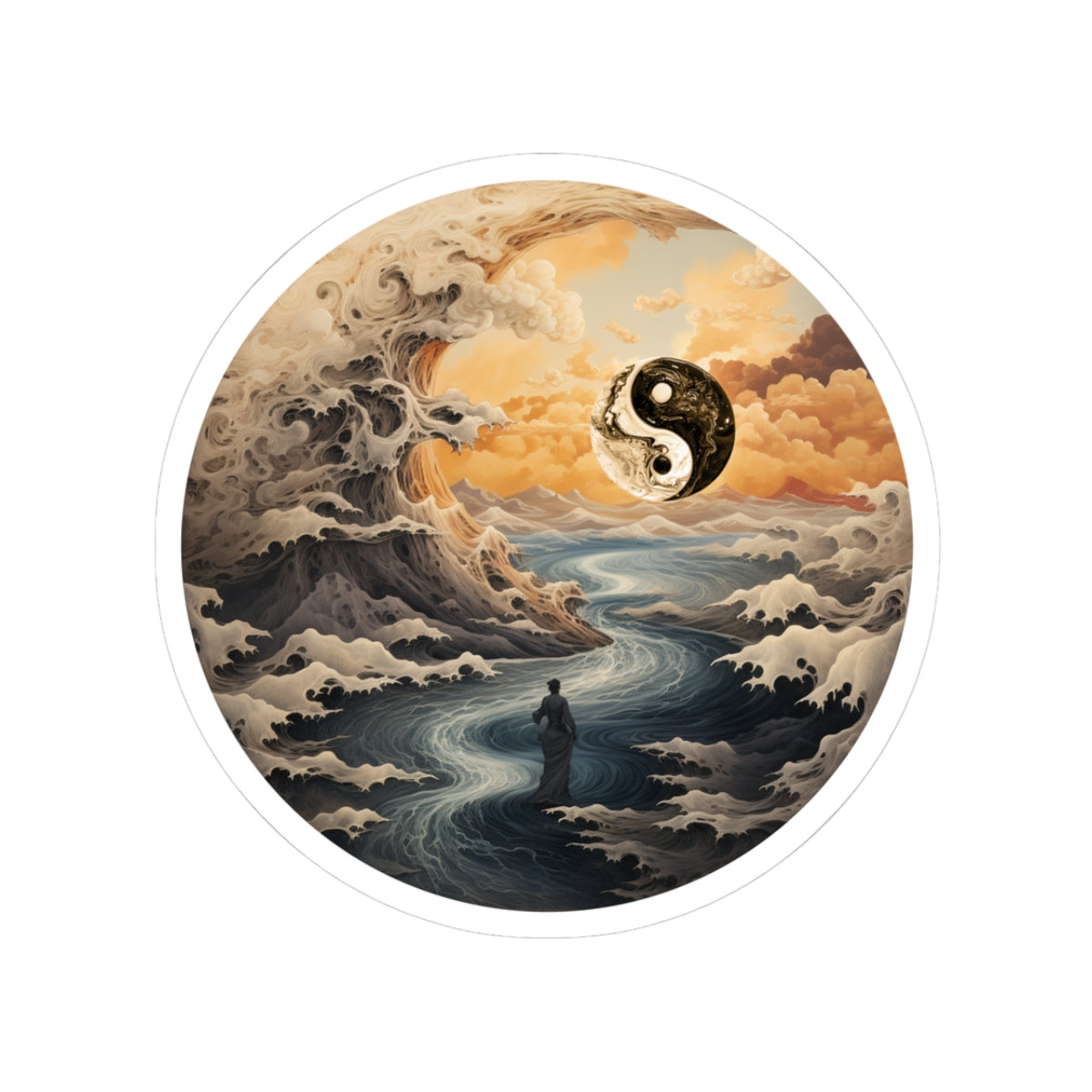 Yin Yang Ocean Wave Sticker — Serene Zen Landscape Kiss-Cut Sticker