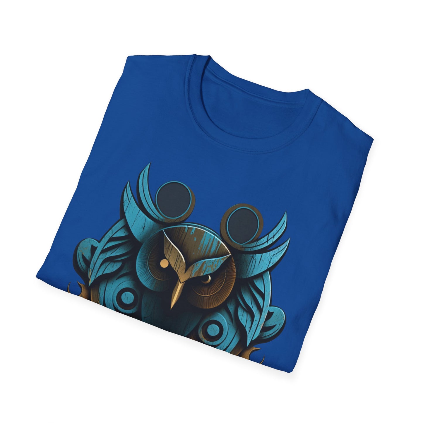 Stylized Blue and Gold Owl Design T-Shirt