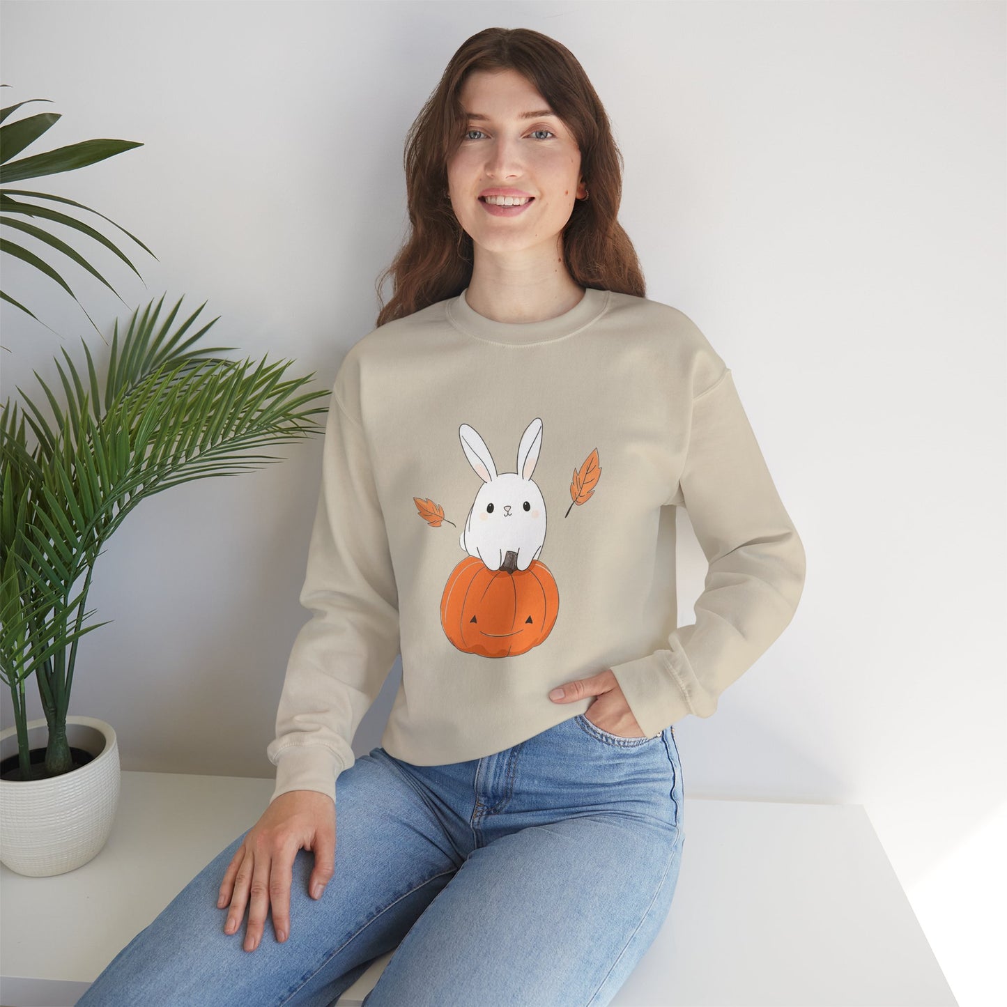 Cute Bunny and Pumpkin Crewneck Sweatshirt - Fall Unisex Pullover
