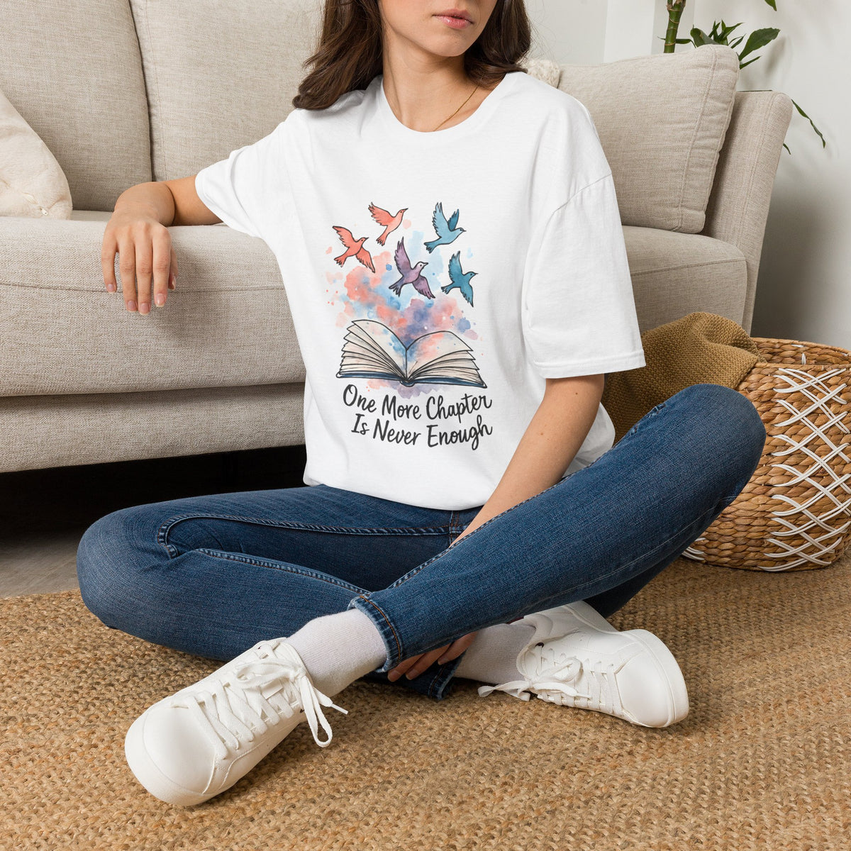 Reading T-Shirt — "One More Chapter Is Never Enough" Watercolor Book & Birds Tee