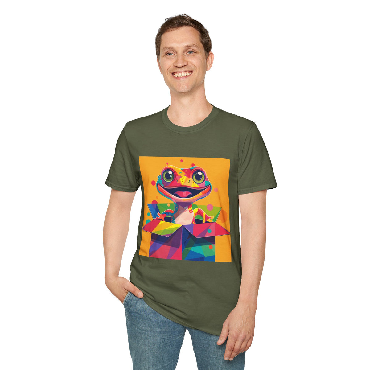 Colorful Surprise Boxlizard T-Shirt — Vibrant Pop Art Lizard in Gift Box Graphic Tee