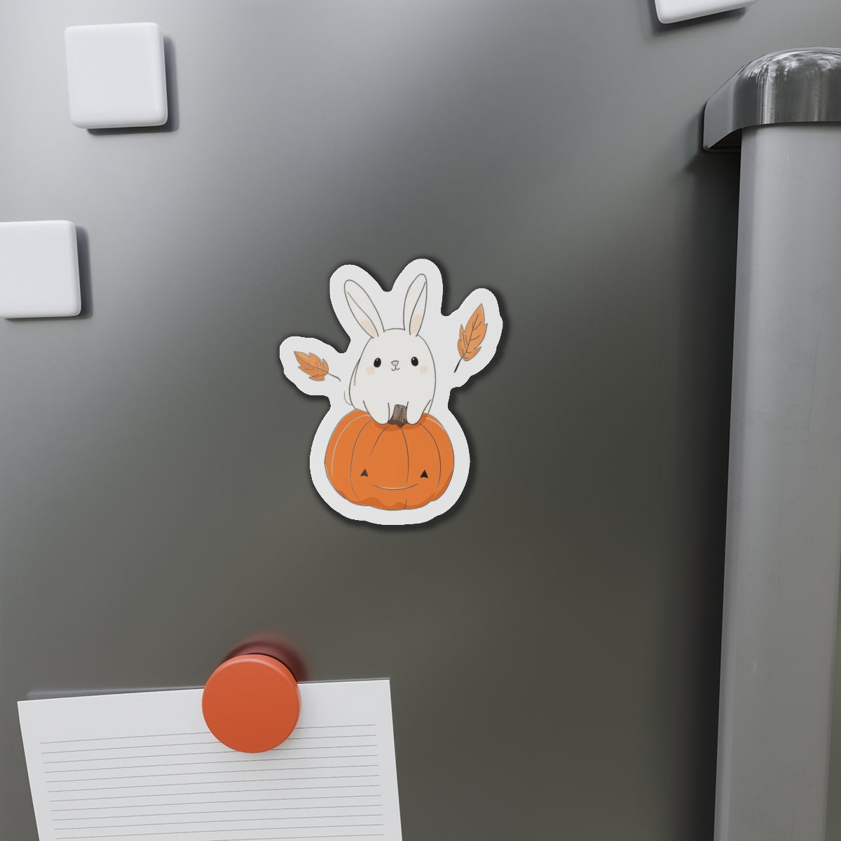 Cute Bunny and Pumpkin Die‑Cut Magnet — Autumn Halloween Kitchen Decor