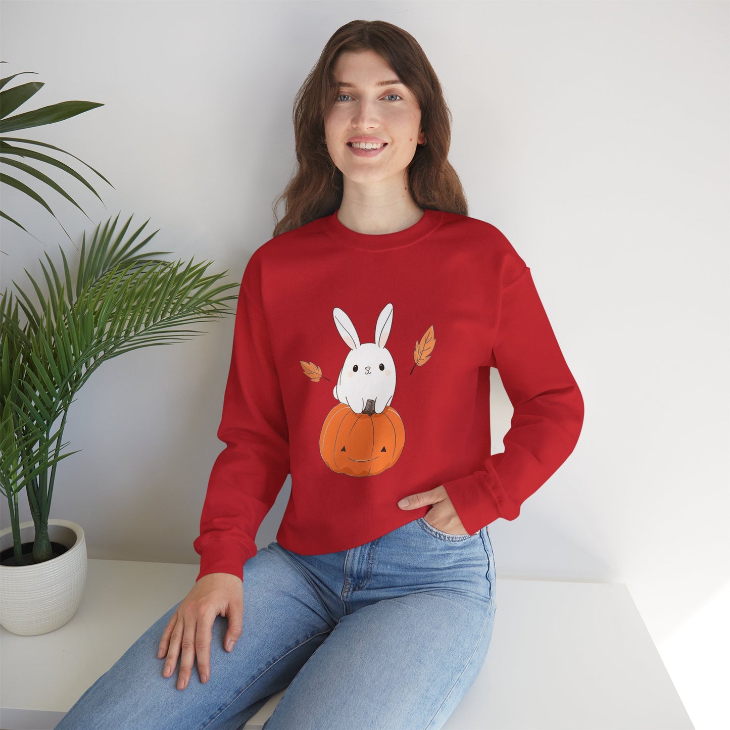 Cute Bunny and Pumpkin Crewneck Sweatshirt - Fall Unisex Pullover