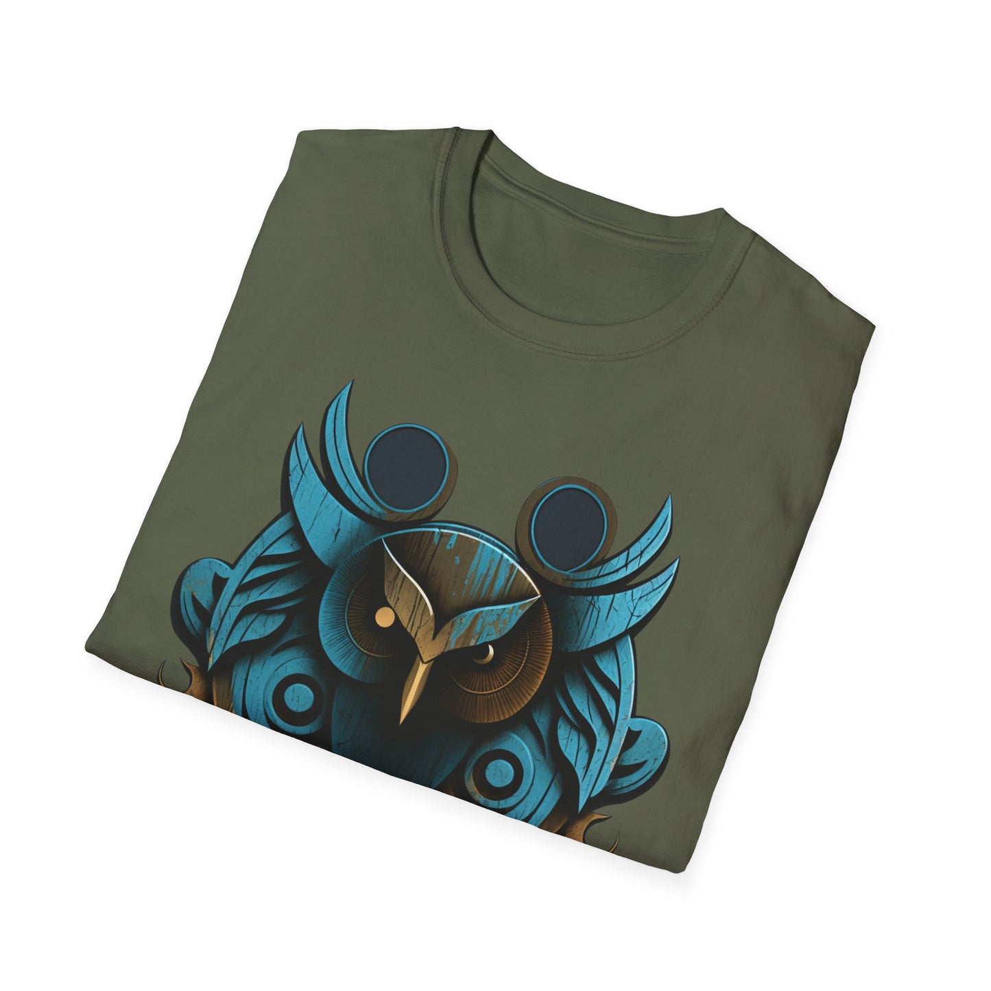 Stylized Blue and Gold Owl Design T-Shirt