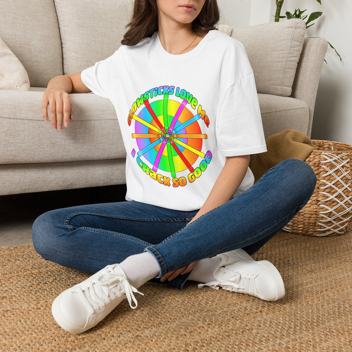 Colorful Wheel of Glowsticks T-Shirt — 'Glowsticks Love Me I Crack So Good'