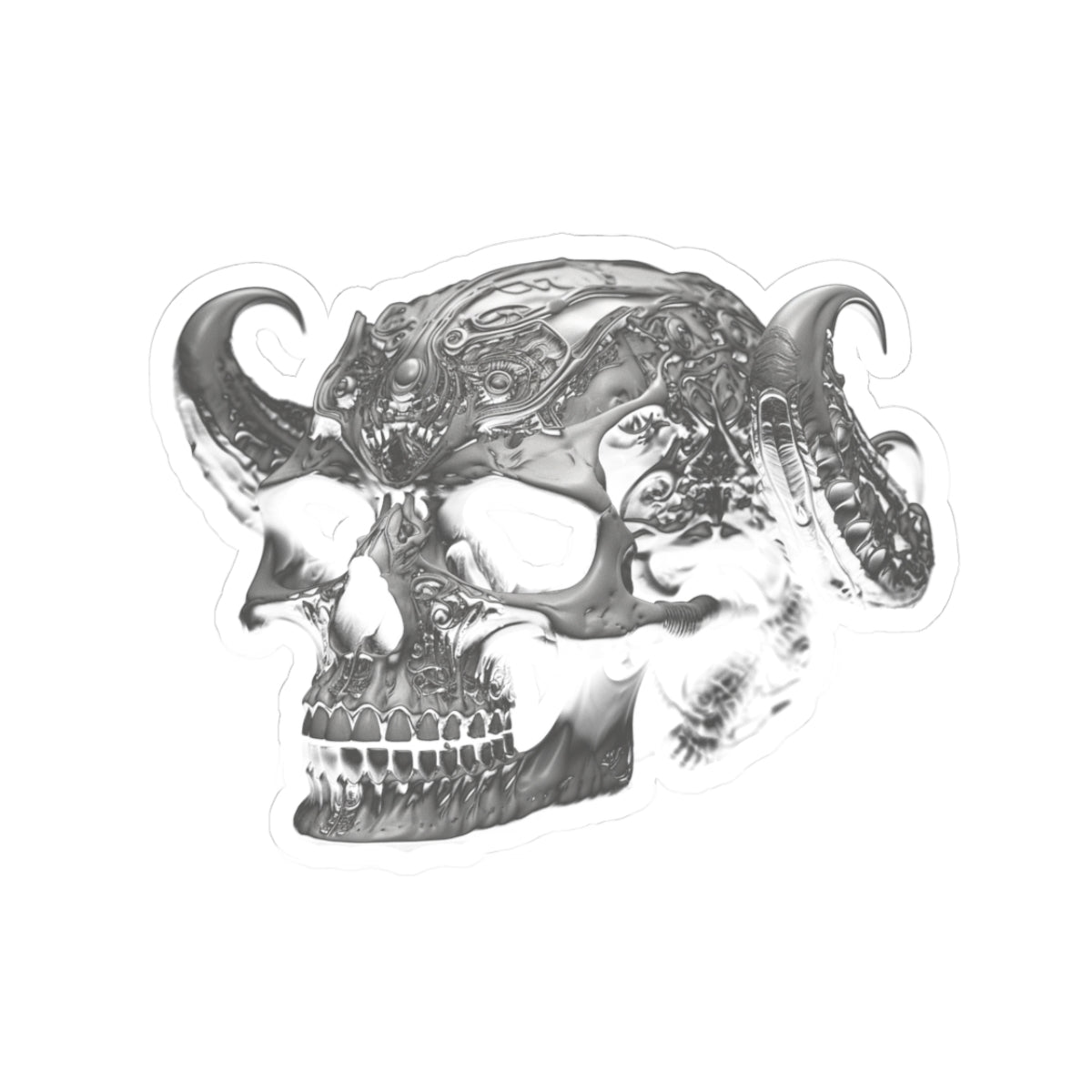 Metallic Demon Skull Kiss-Cut Sticker — Gothic Horned Skull Decal