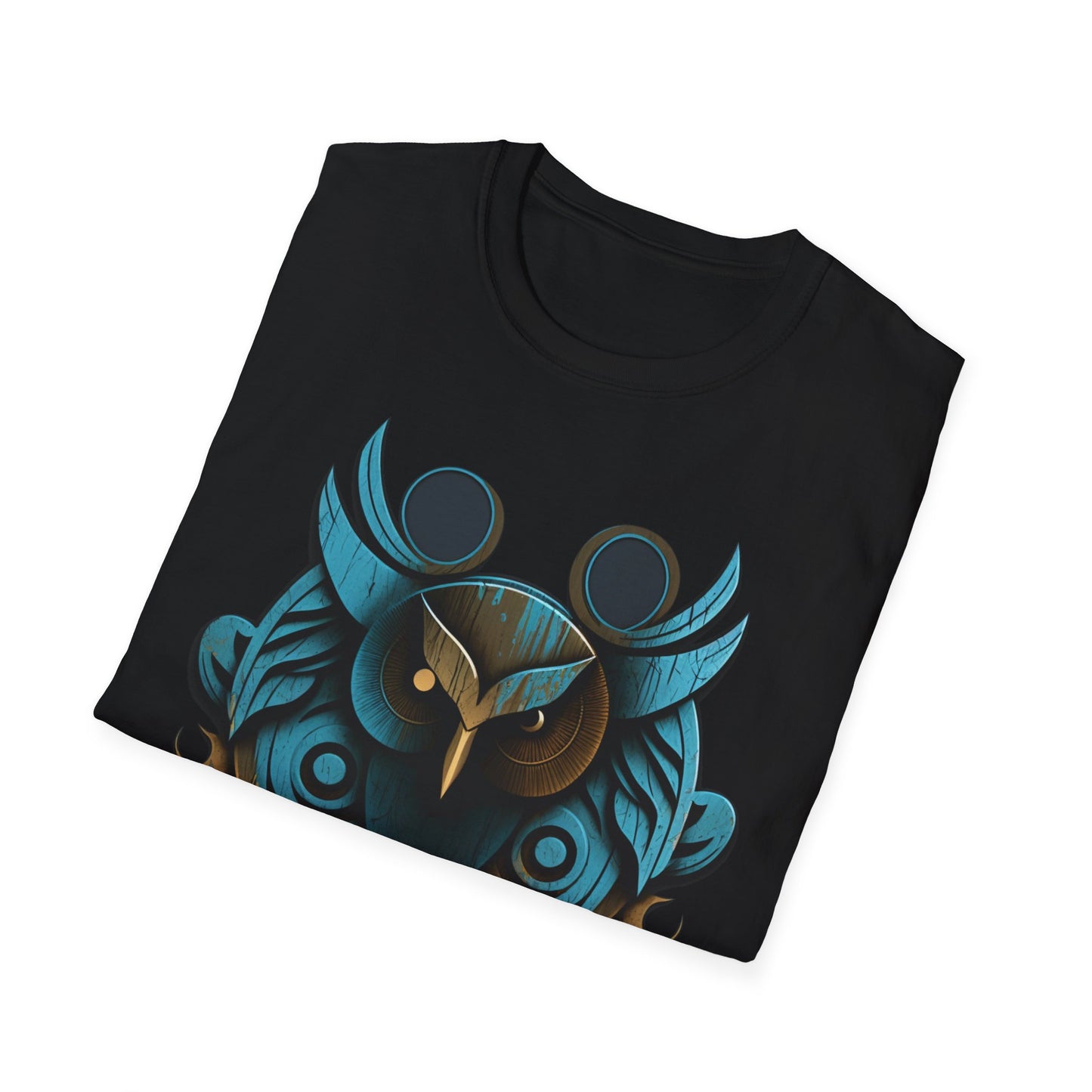 Stylized Blue and Gold Owl Design T-Shirt