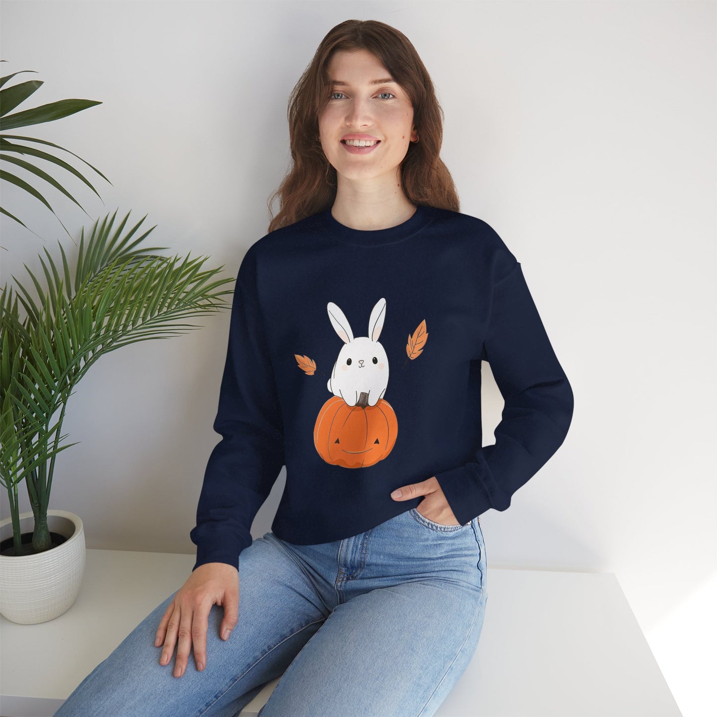 Cute Bunny and Pumpkin Crewneck Sweatshirt - Fall Unisex Pullover