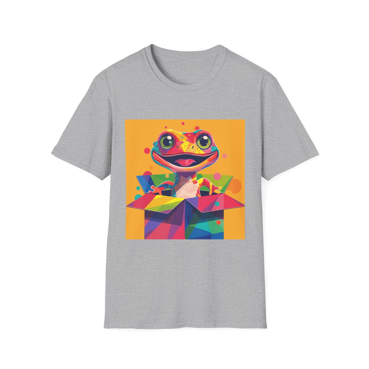 Colorful Surprise Boxlizard T-Shirt — Vibrant Pop Art Lizard in Gift Box Graphic Tee
