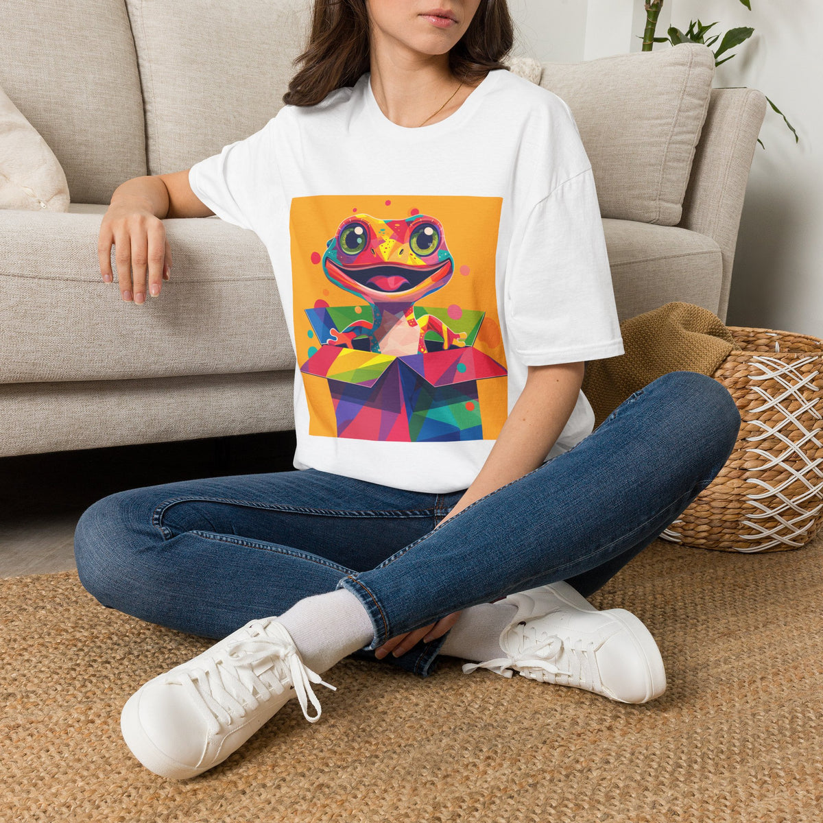 Colorful Surprise Boxlizard T-Shirt — Vibrant Pop Art Lizard in Gift Box Graphic Tee
