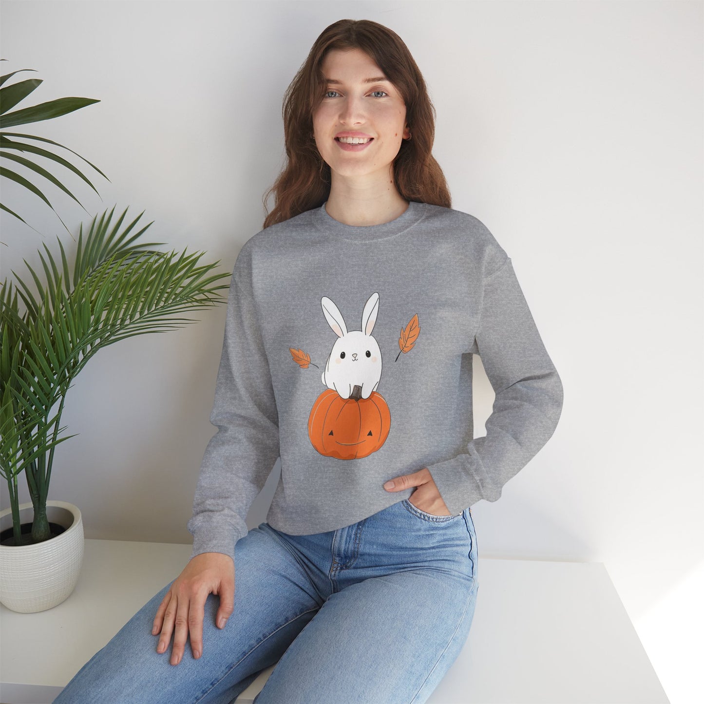 Cute Bunny and Pumpkin Crewneck Sweatshirt - Fall Unisex Pullover