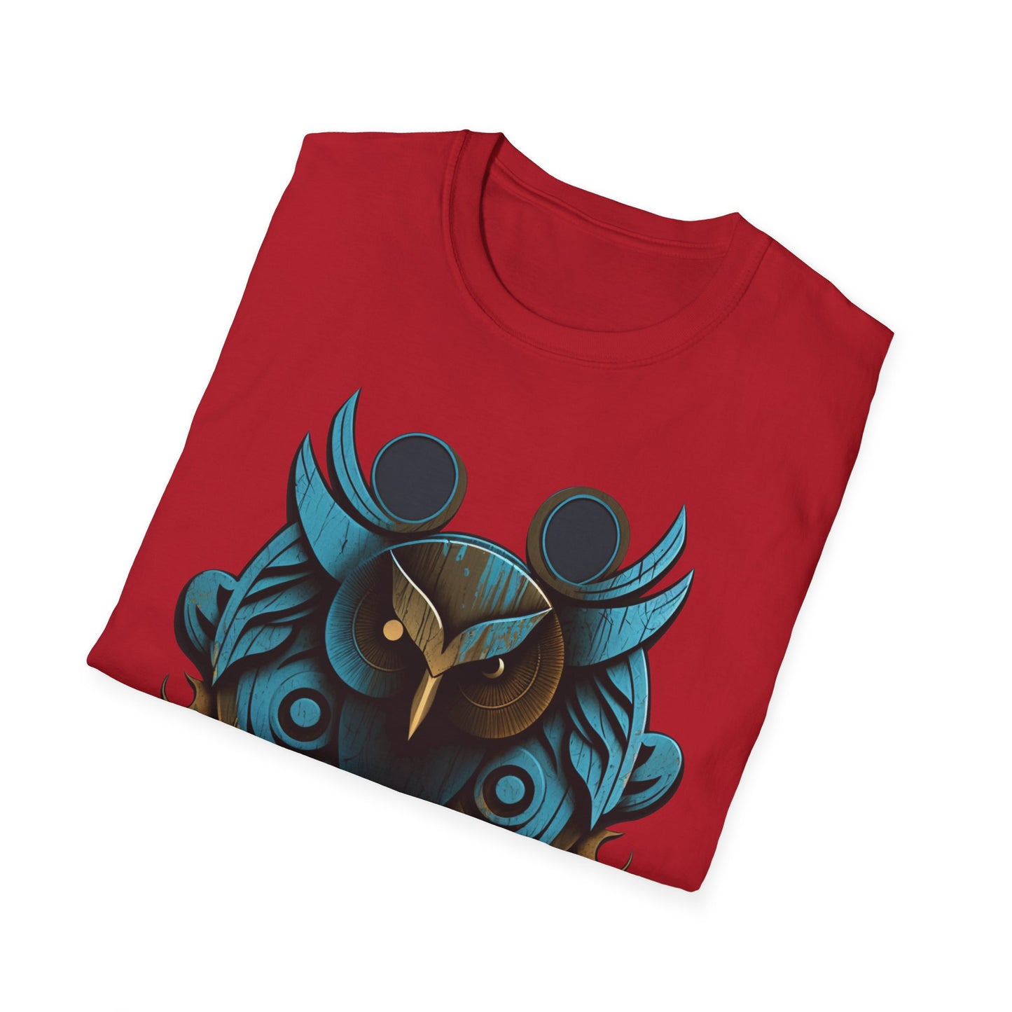 Stylized Blue and Gold Owl Design T-Shirt