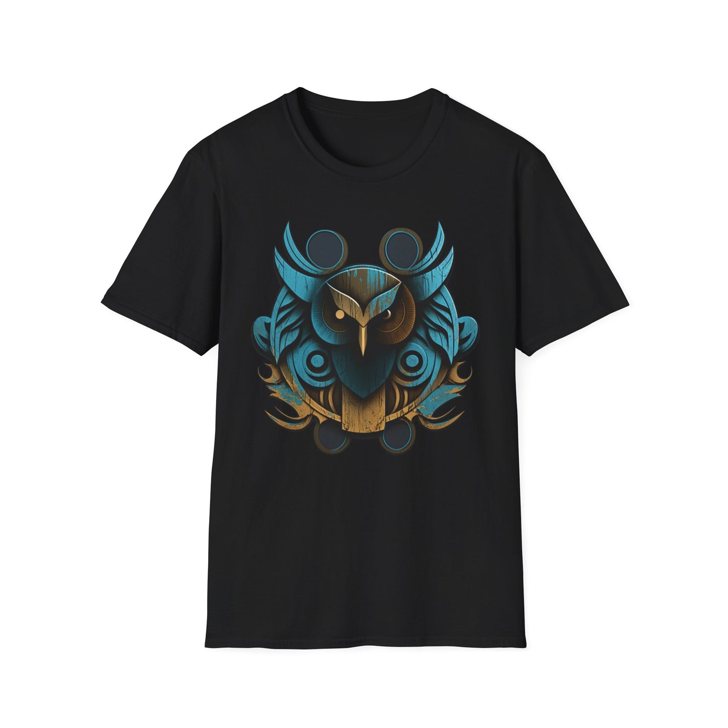 Stylized Blue and Gold Owl Design T-Shirt