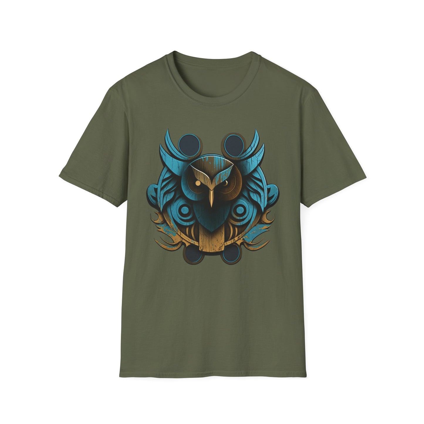 Stylized Blue and Gold Owl Design T-Shirt