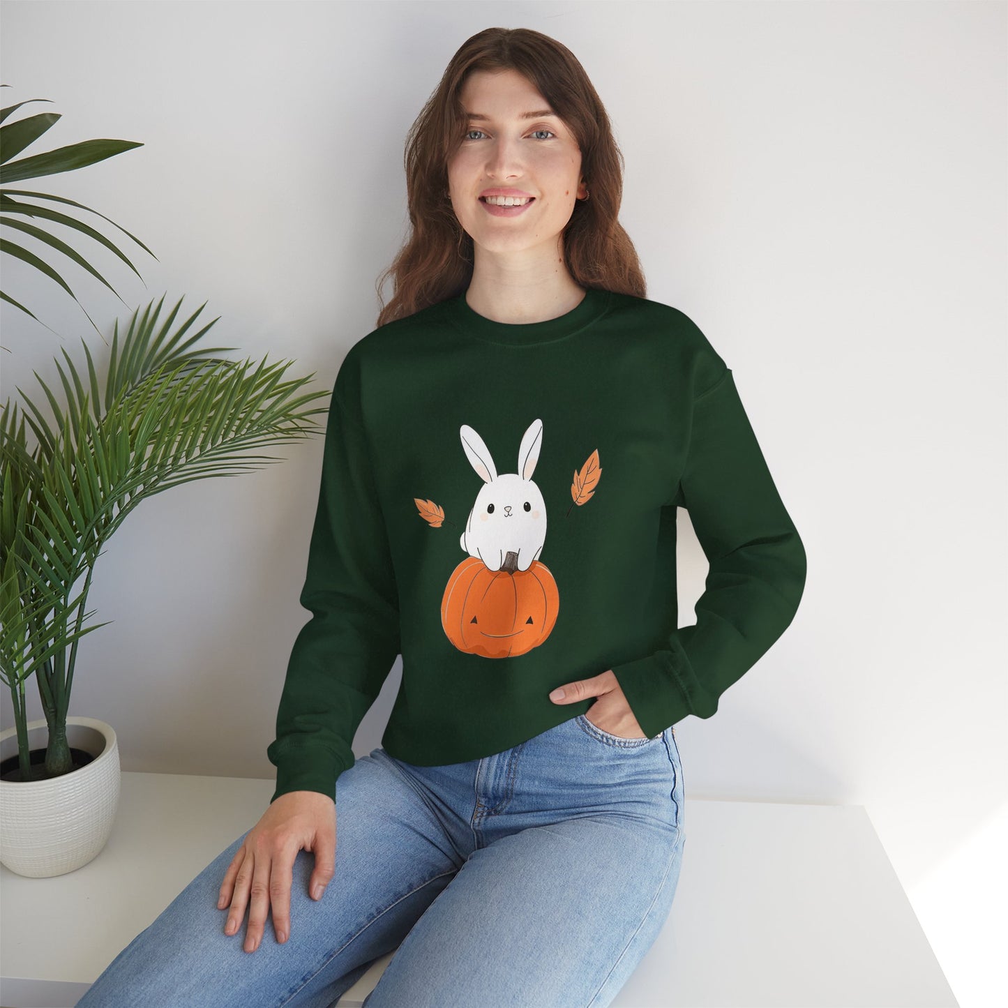 Cute Bunny and Pumpkin Crewneck Sweatshirt - Fall Unisex Pullover