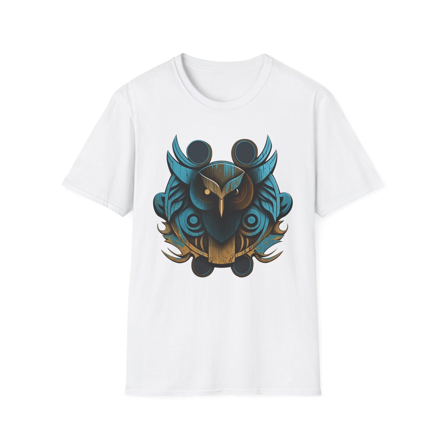 Stylized Blue and Gold Owl Design T-Shirt