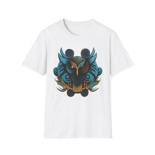 Stylized Blue and Gold Owl Design T-Shirt