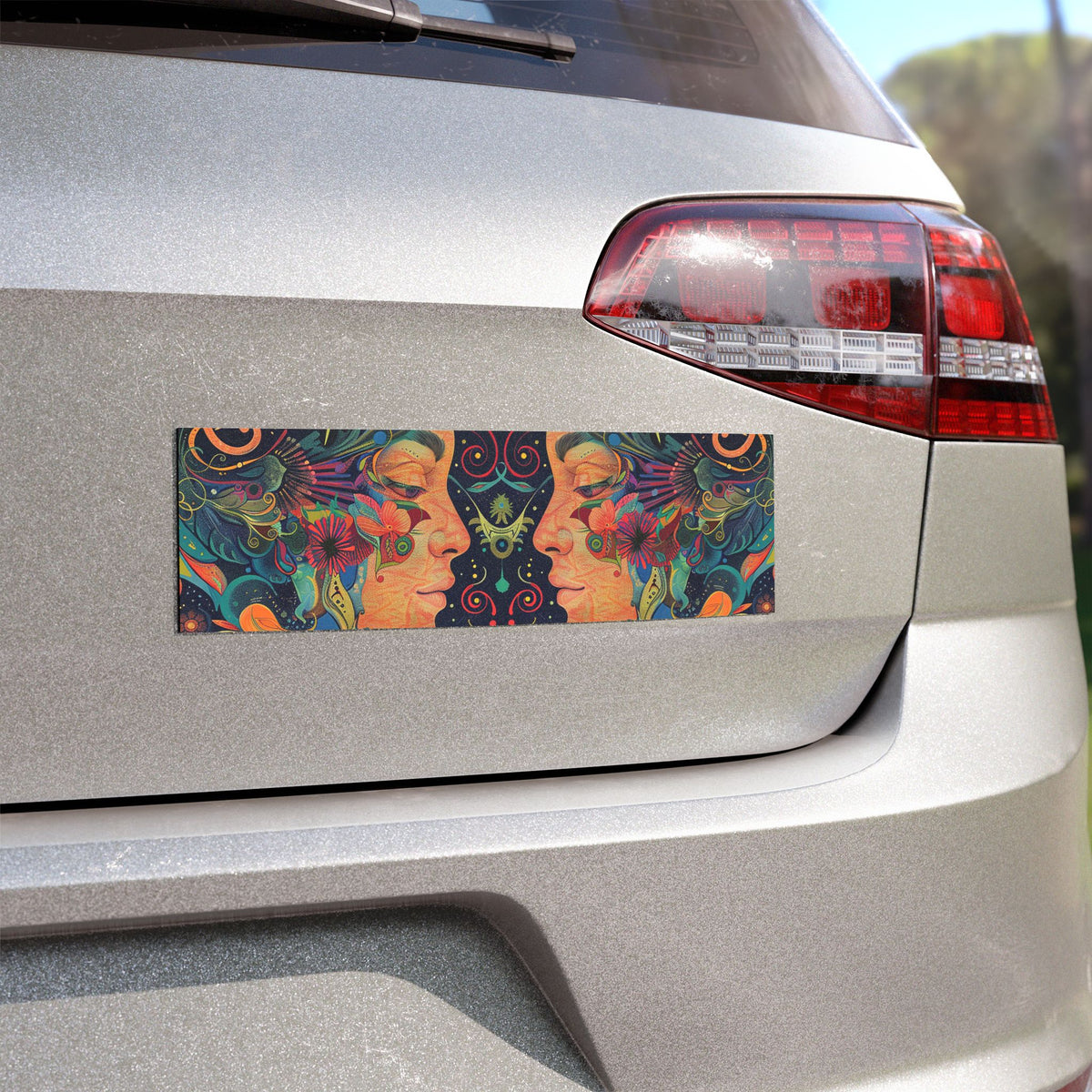 Psychedelic Floral Faces Car Magnet — Vibrant Boho Mirror-Image Bumper Sticker