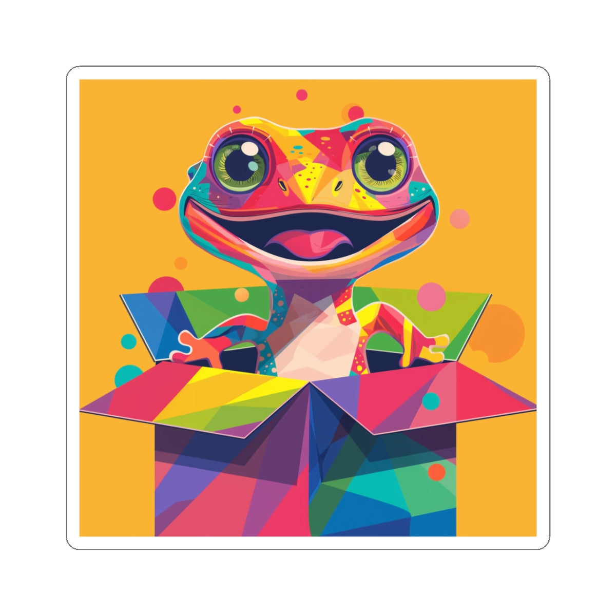 Colorful Boxlizard Sticker — Cute Pop Art Lizard in Gift Box Kiss-Cut Sticker