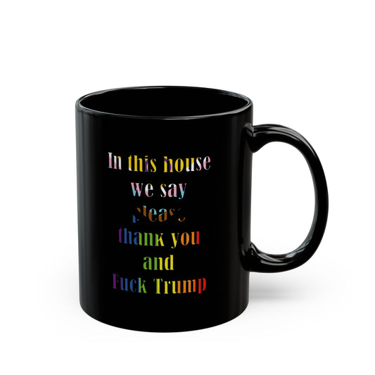 In this house we say please thank you and Fuck Trump with Trans Inclusive Pride Flag colors - Mug
