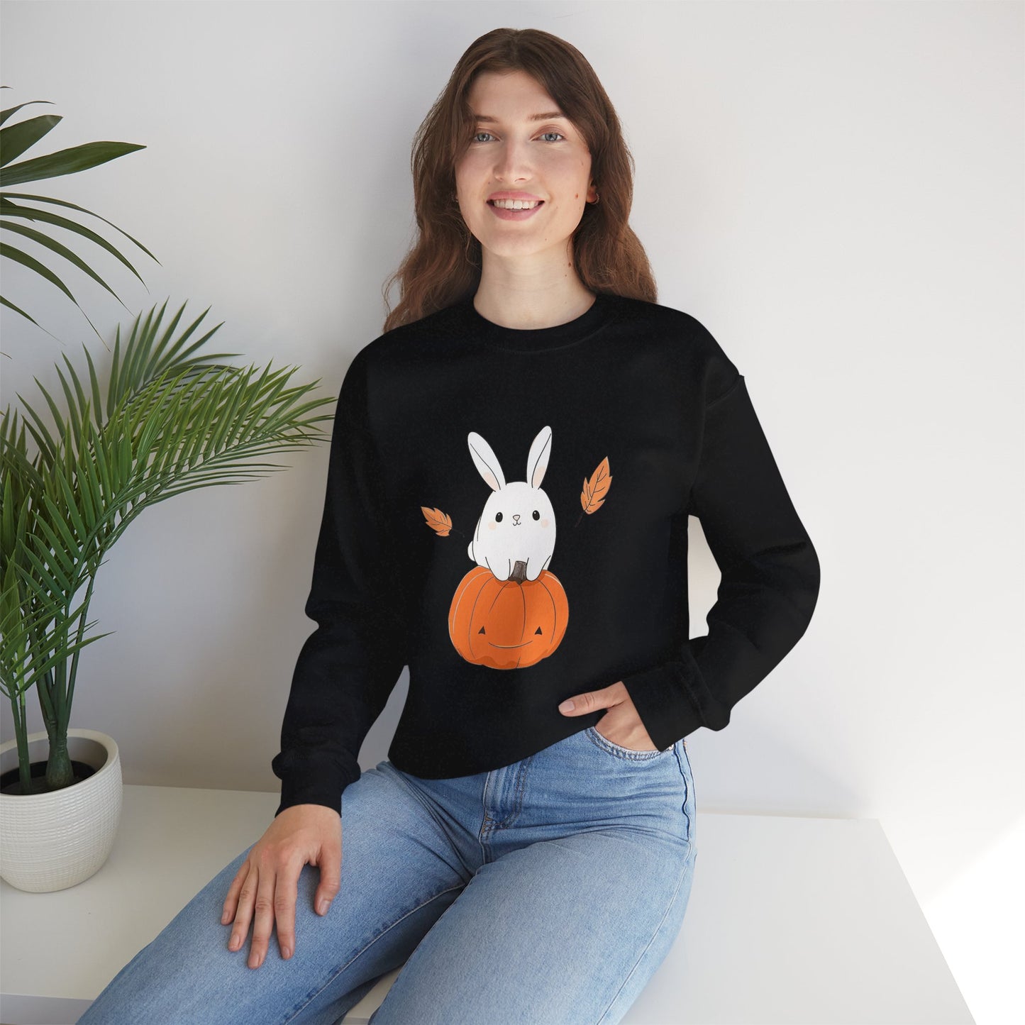 Cute Bunny and Pumpkin Crewneck Sweatshirt - Fall Unisex Pullover