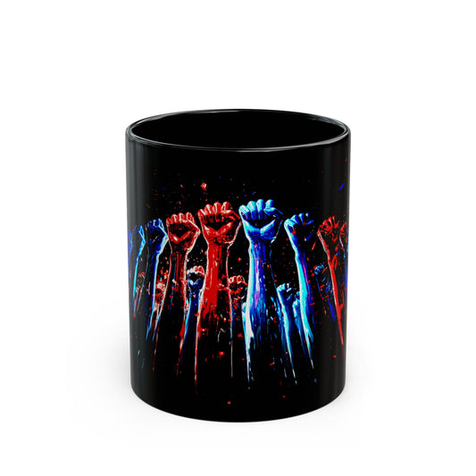Mountain of Raised Fists Black Mug - 11oz Coffee Cup with Colorful Fists Design