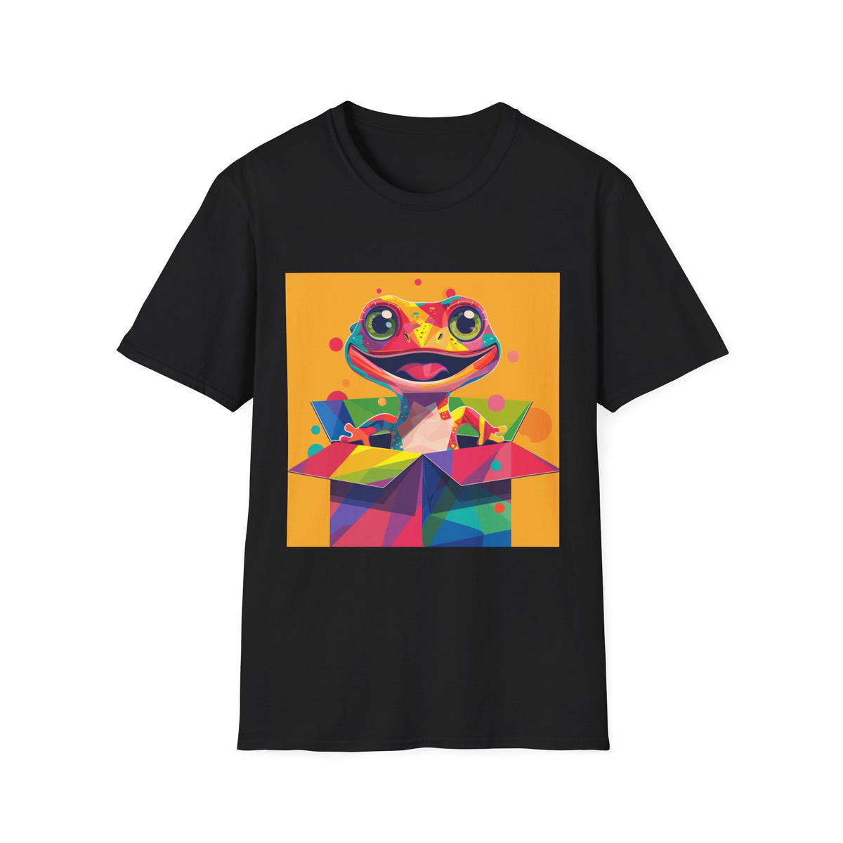 Colorful Surprise Boxlizard T-Shirt — Vibrant Pop Art Lizard in Gift Box Graphic Tee