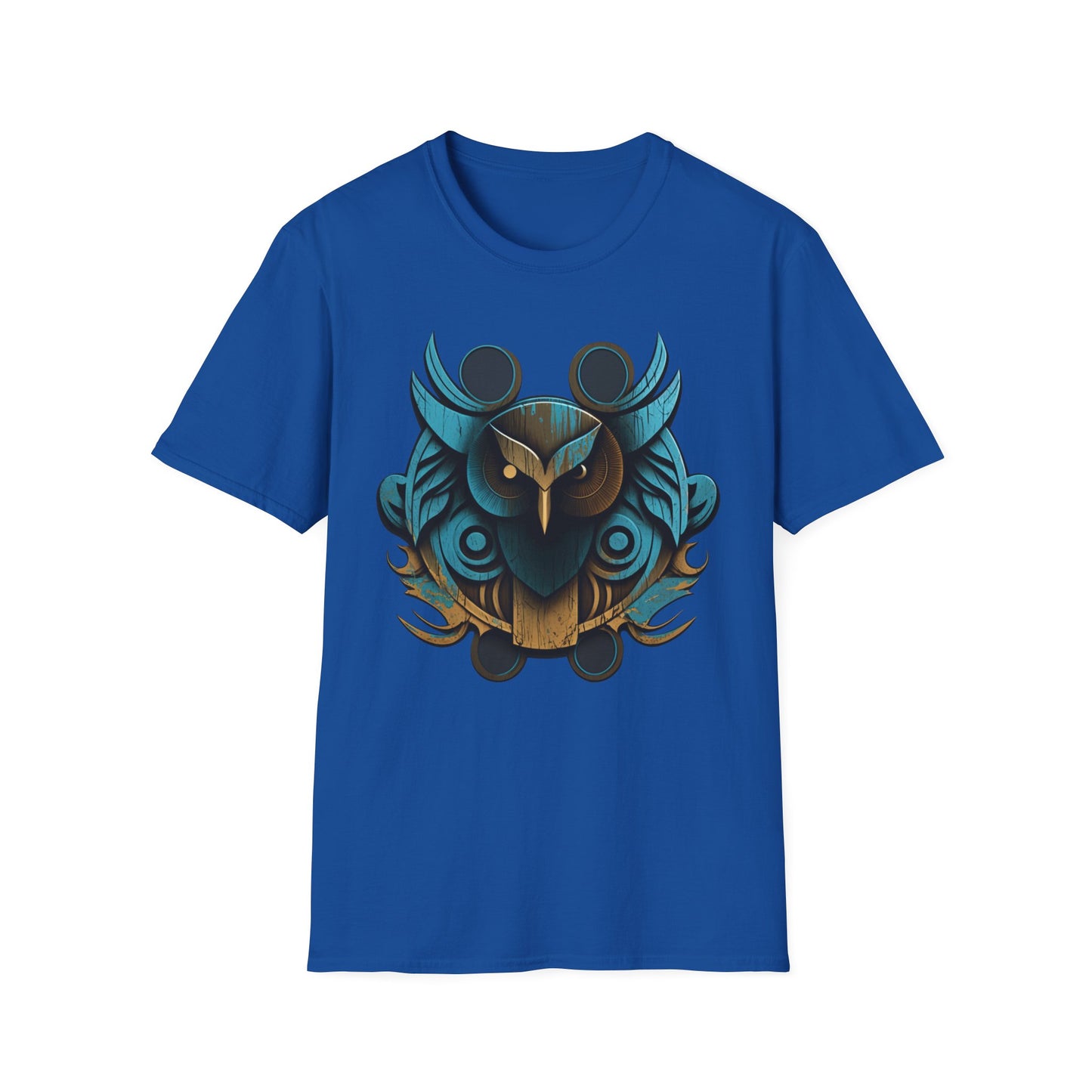 Stylized Blue and Gold Owl Design T-Shirt