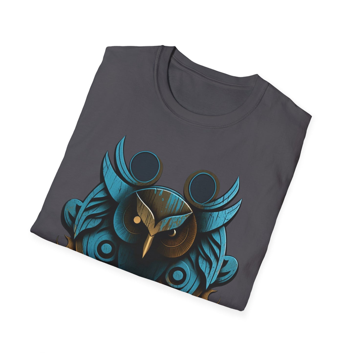 Stylized Blue and Gold Owl Design T-Shirt