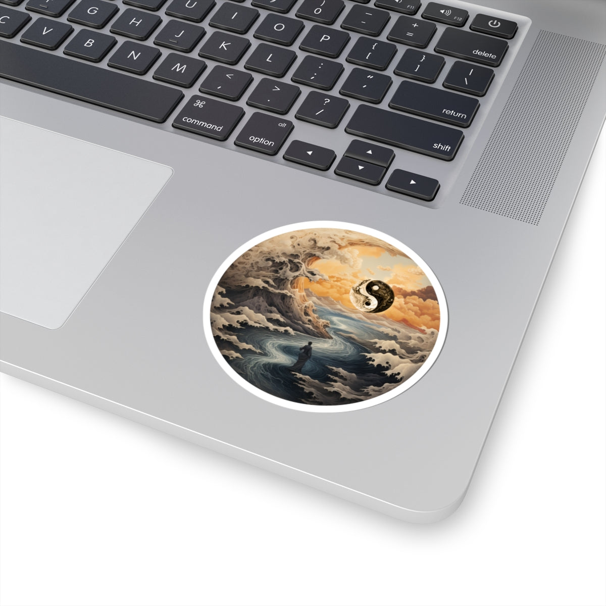 Yin Yang Ocean Wave Sticker — Serene Zen Landscape Kiss-Cut Sticker