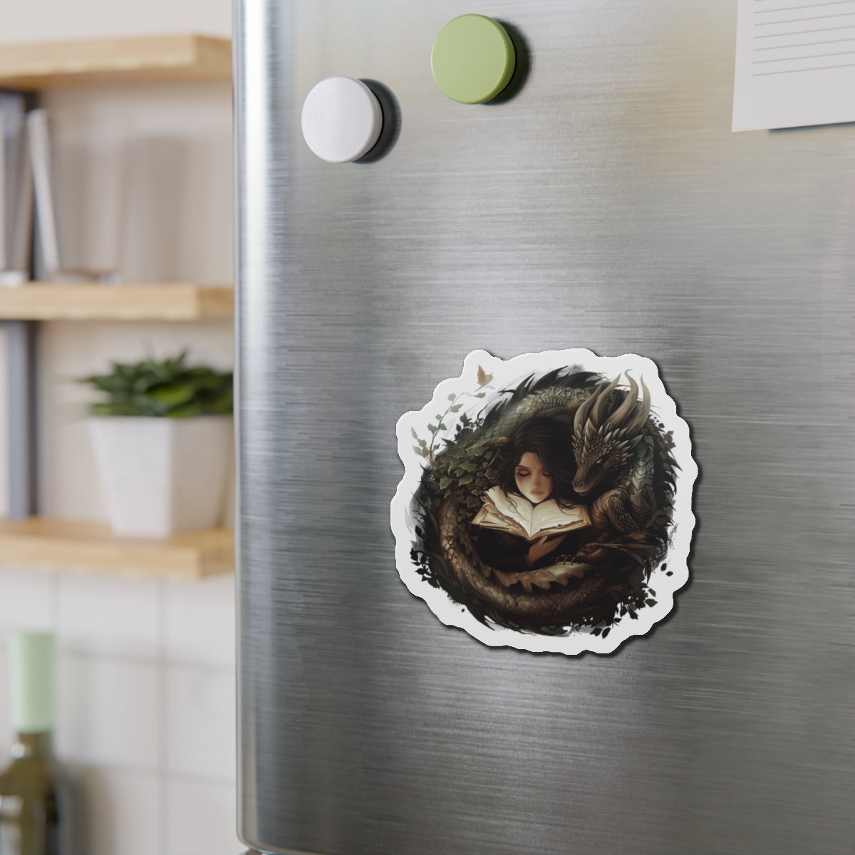 Dragon & Book Die-Cut Magnet — Cozy Fantasy Reading Art