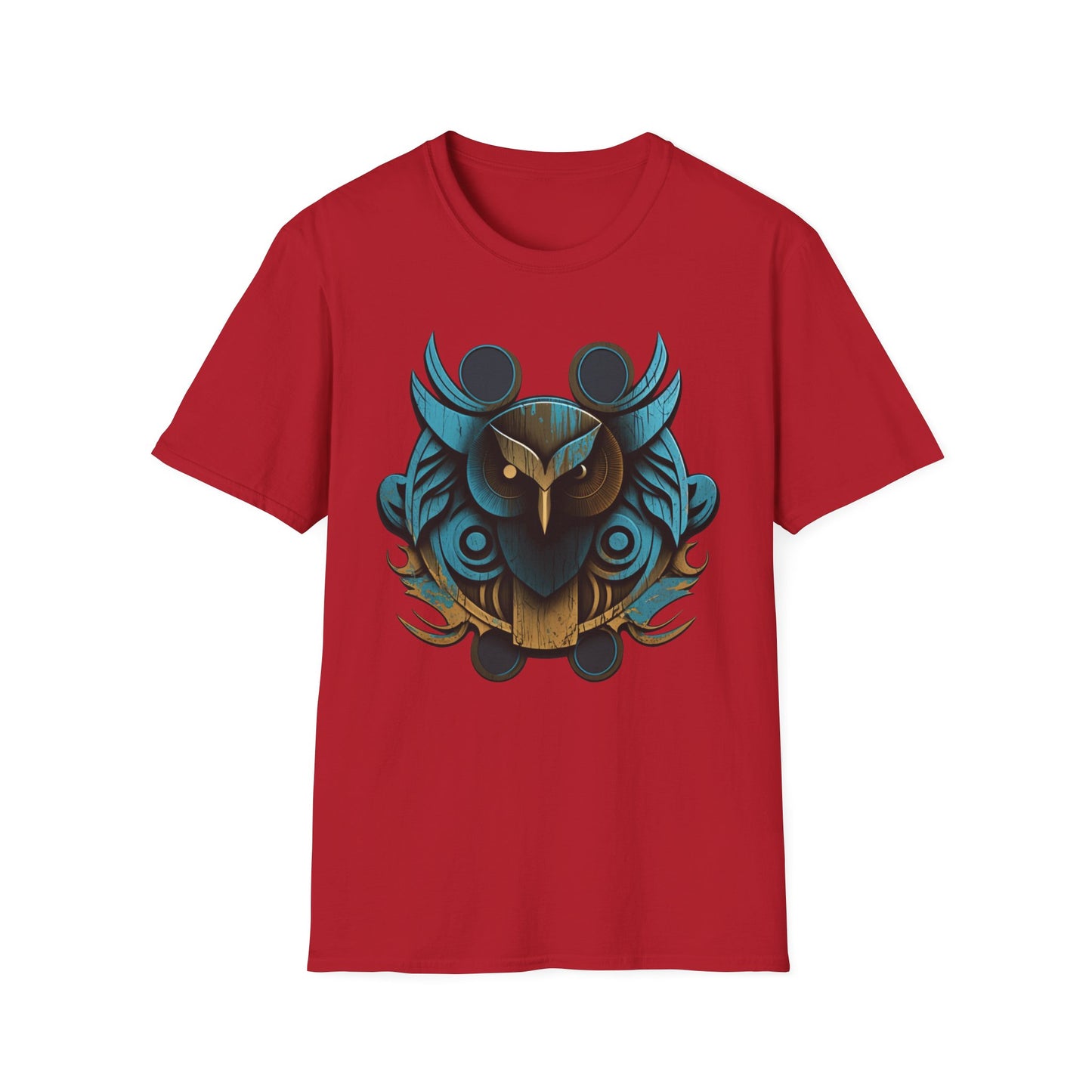 Stylized Blue and Gold Owl Design T-Shirt