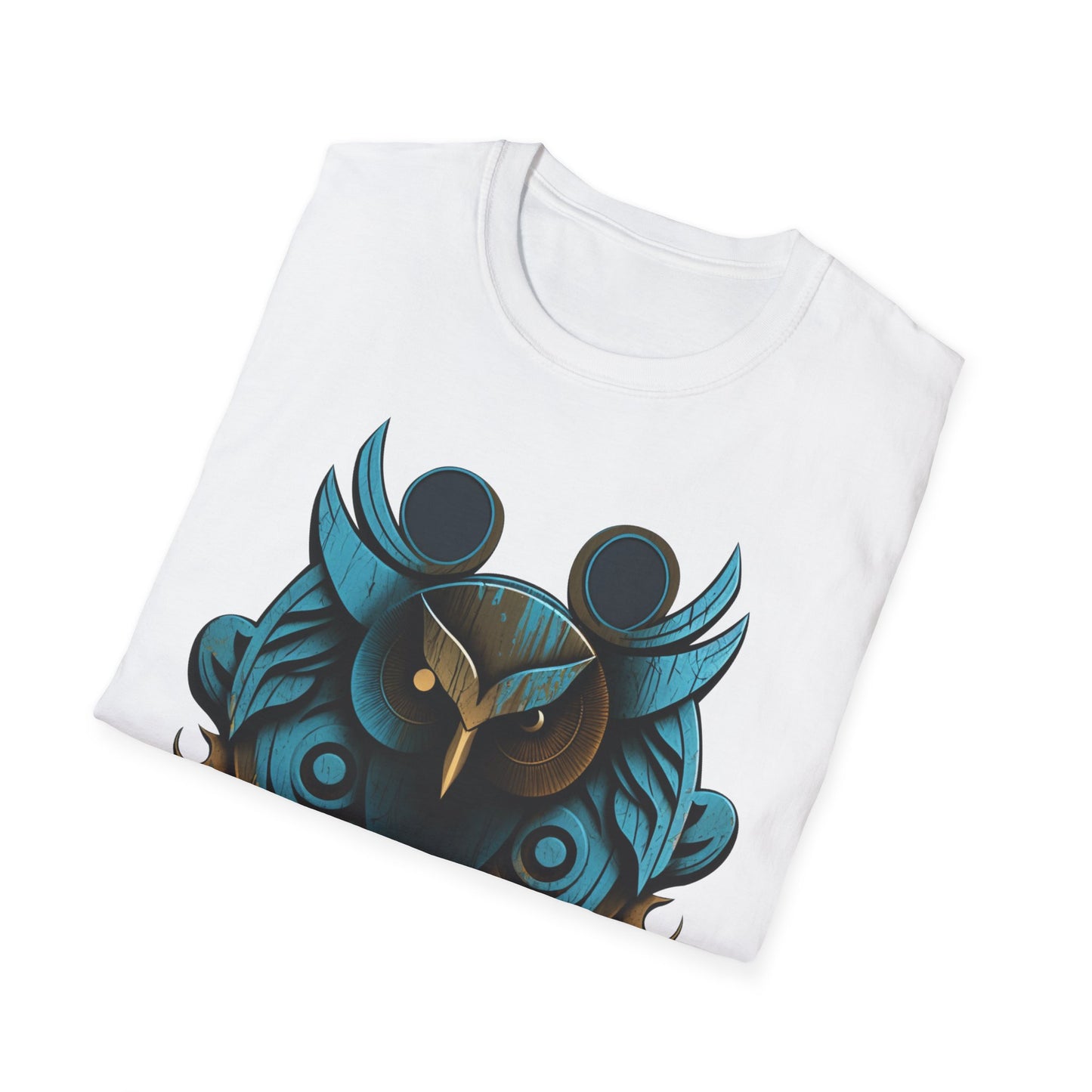 Stylized Blue and Gold Owl Design T-Shirt
