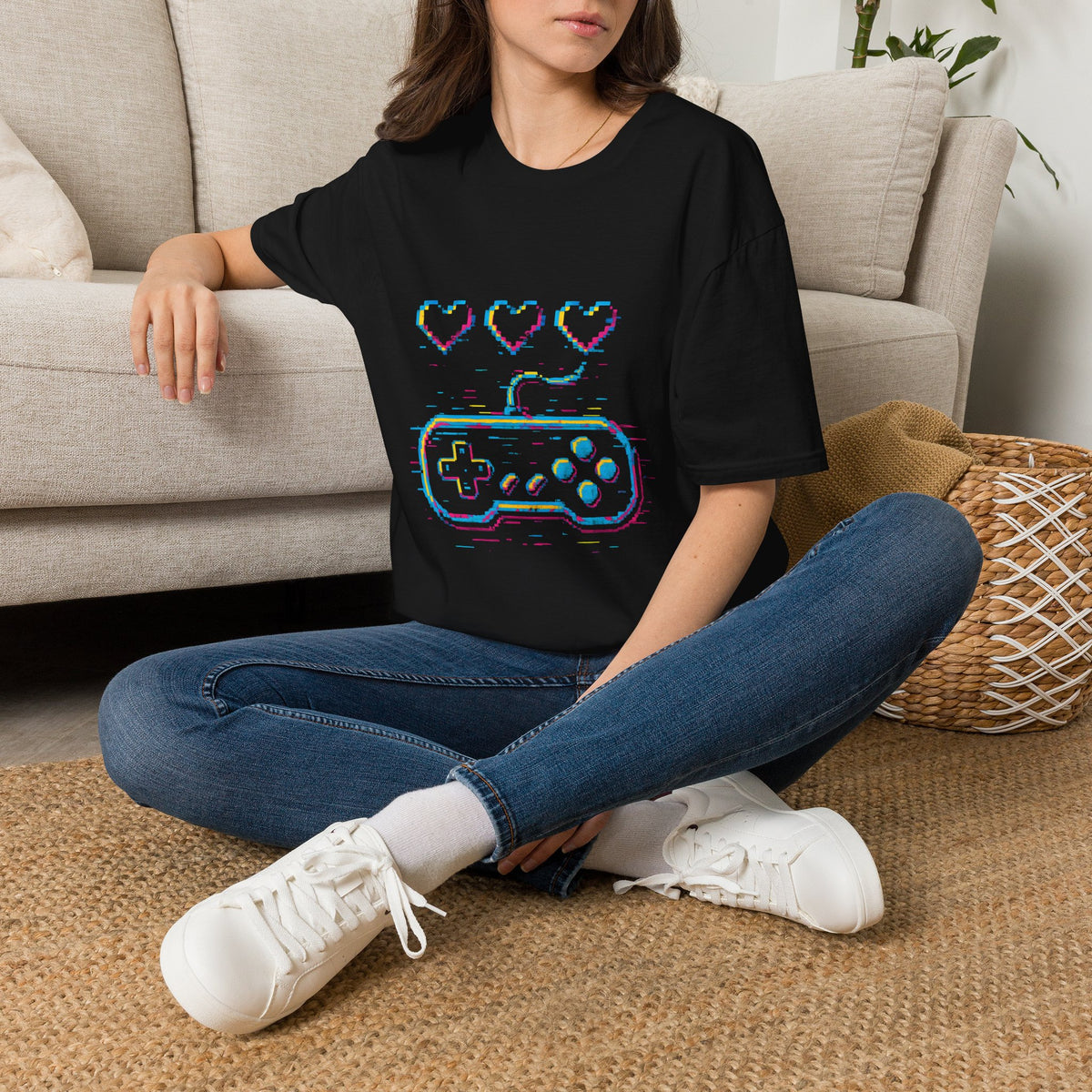 Retro Glitch Video Game Controller T-Shirt – Gamer Love Heart Design