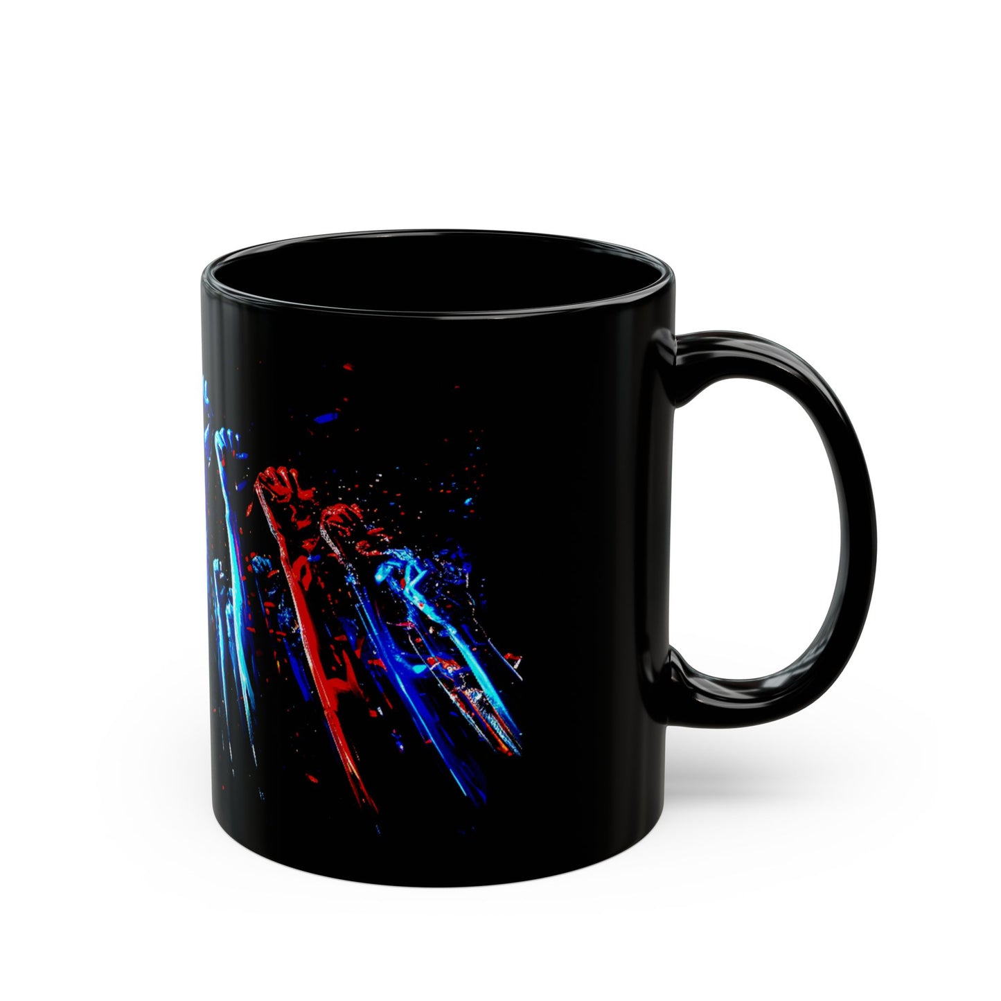 Mountain of Raised Fists Black Mug - 11oz Coffee Cup with Colorful Fists Design