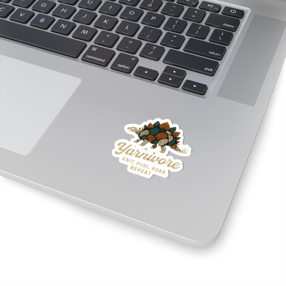 Yarnivore Sticker — Cute Knitting Dinosaur Sticker: “Yarnivore — Knit, Purl, Roar, Repeat”