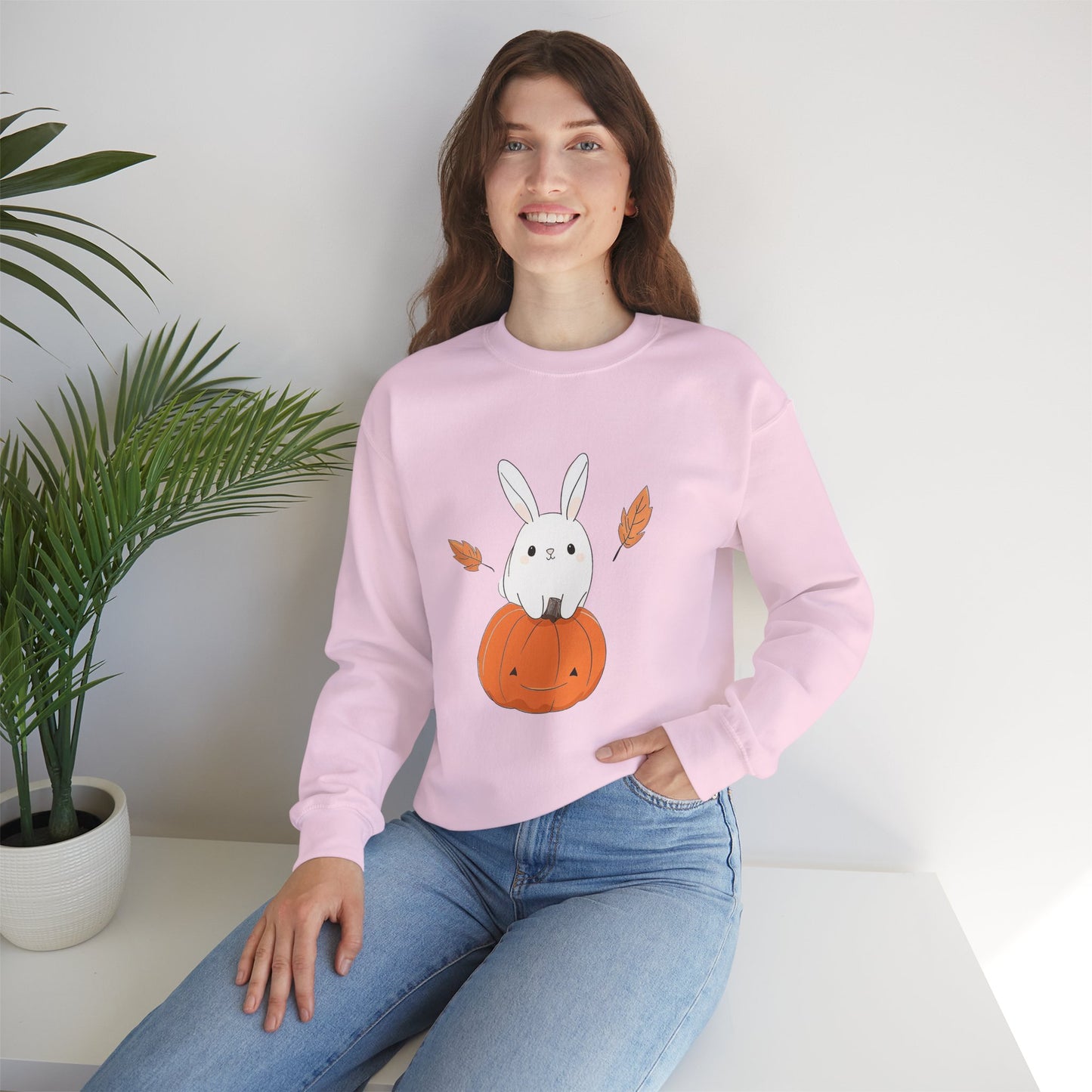 Cute Bunny and Pumpkin Crewneck Sweatshirt - Fall Unisex Pullover
