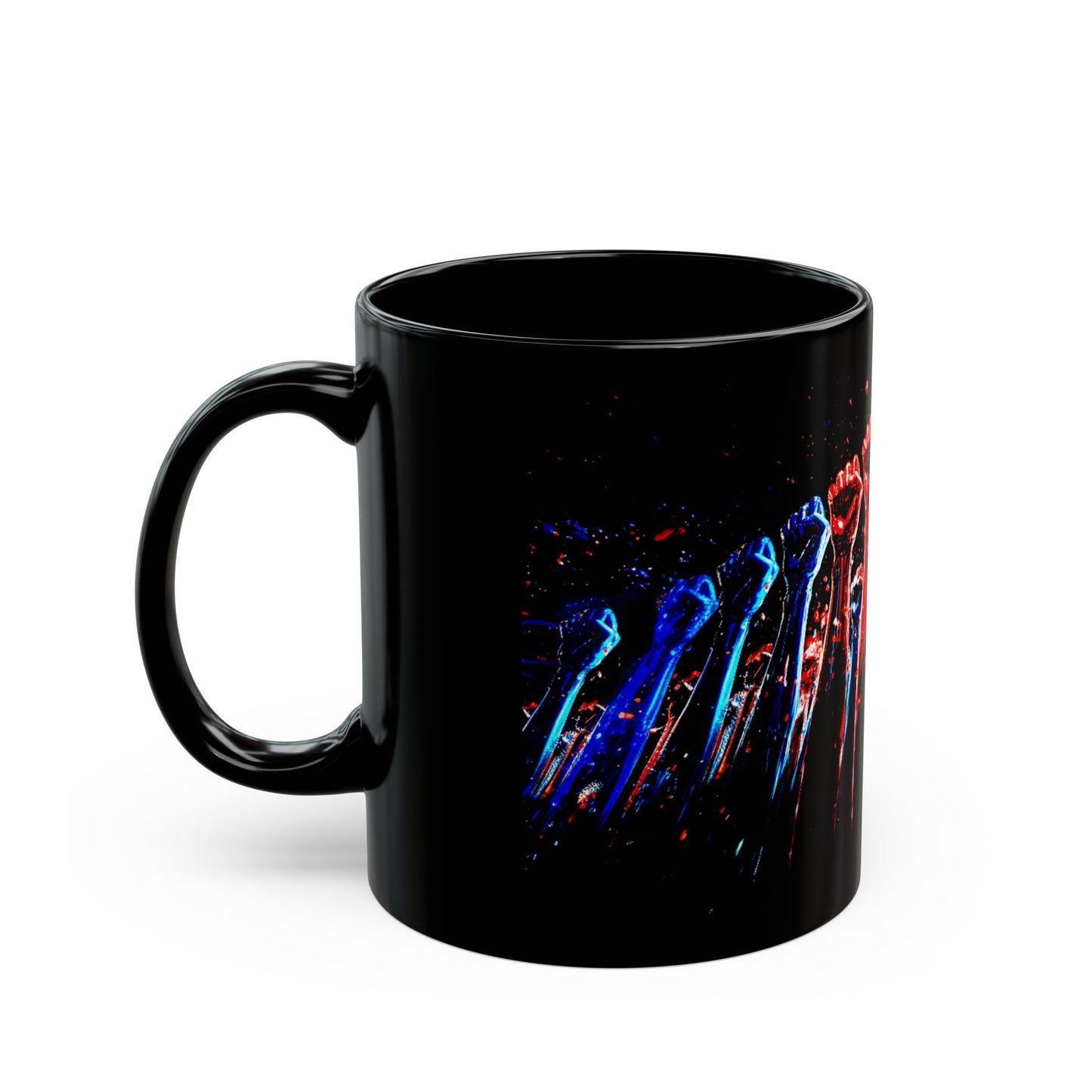 Mountain of Raised Fists Black Mug - 11oz Coffee Cup with Colorful Fists Design