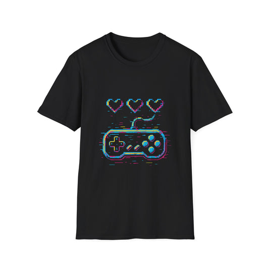 Retro Glitch Video Game Controller T-Shirt – Gamer Love Heart Design