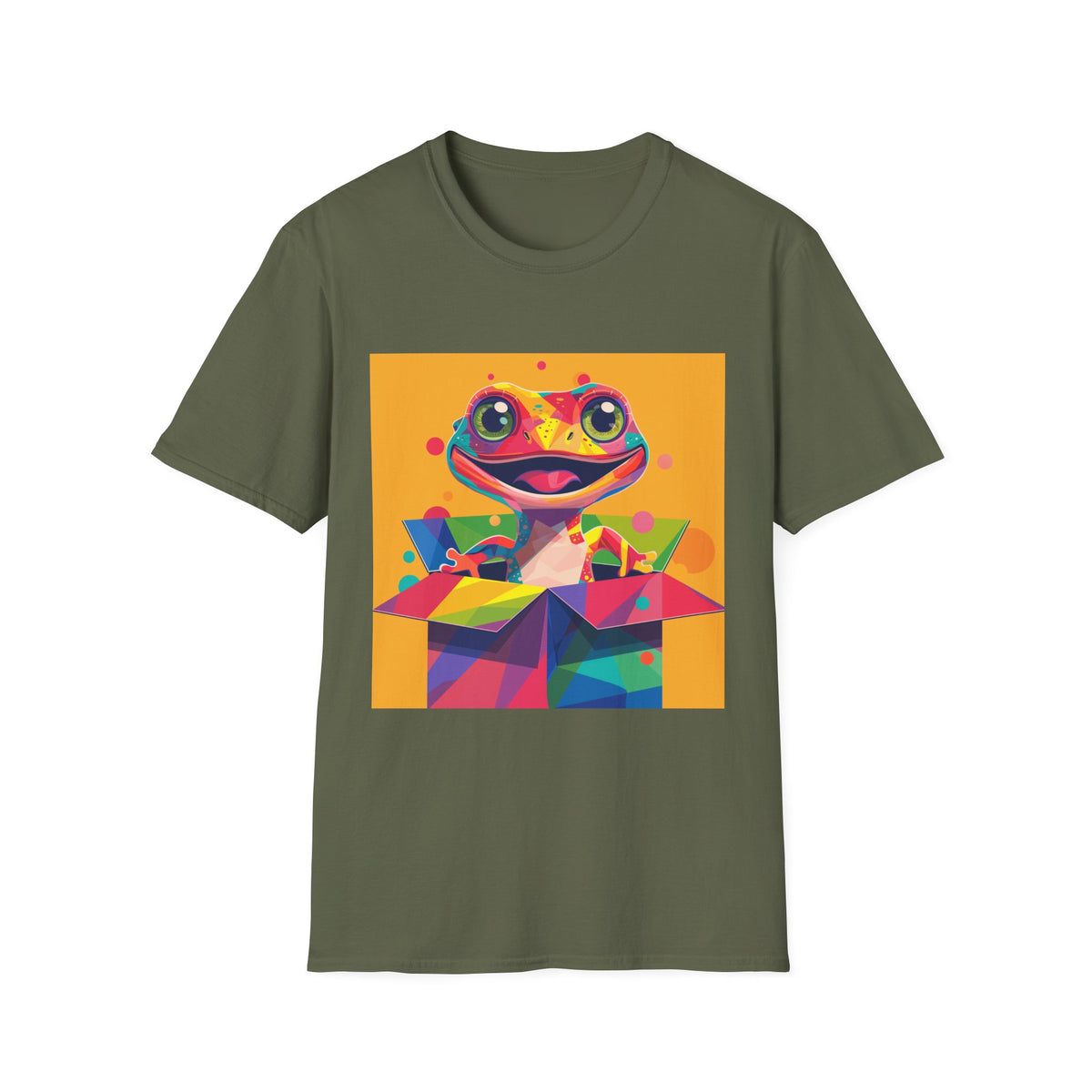 Colorful Surprise Boxlizard T-Shirt — Vibrant Pop Art Lizard in Gift Box Graphic Tee