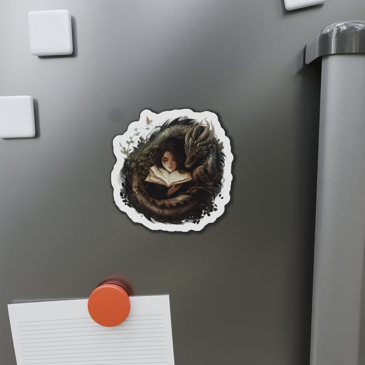 Dragon & Book Die-Cut Magnet — Cozy Fantasy Reading Art